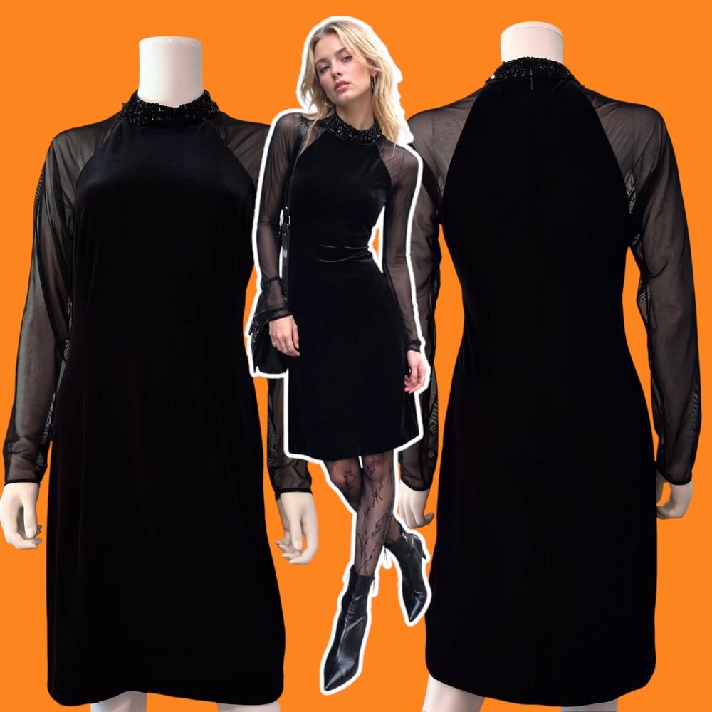 Y2K Black Velvet Cocktail Dress Sheer Mesh Sleeves Beaded Collar Size 10 Formal